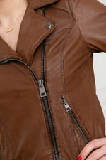 Cognac sheep leather biker jacket, regular fit, metallic zips. - Image n°8