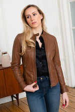 Cognac lambskin jacket, slim and soft-biker style for year-round edge. - Image n°3