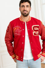 Schott's red teddy: vachetta leather sleeves, wool-blend body. - Image n°1