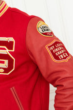 Schott's red teddy: vachetta leather sleeves, wool-blend body. - Image n°8