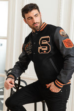 Schott's varsity teddy: wool meets cowhide leather in a timeless cut. - Image n°1