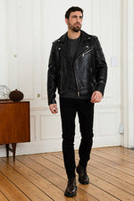 Black lambskin biker jacket by Redskins, slim-fit with a rock edge. - Image n°8
