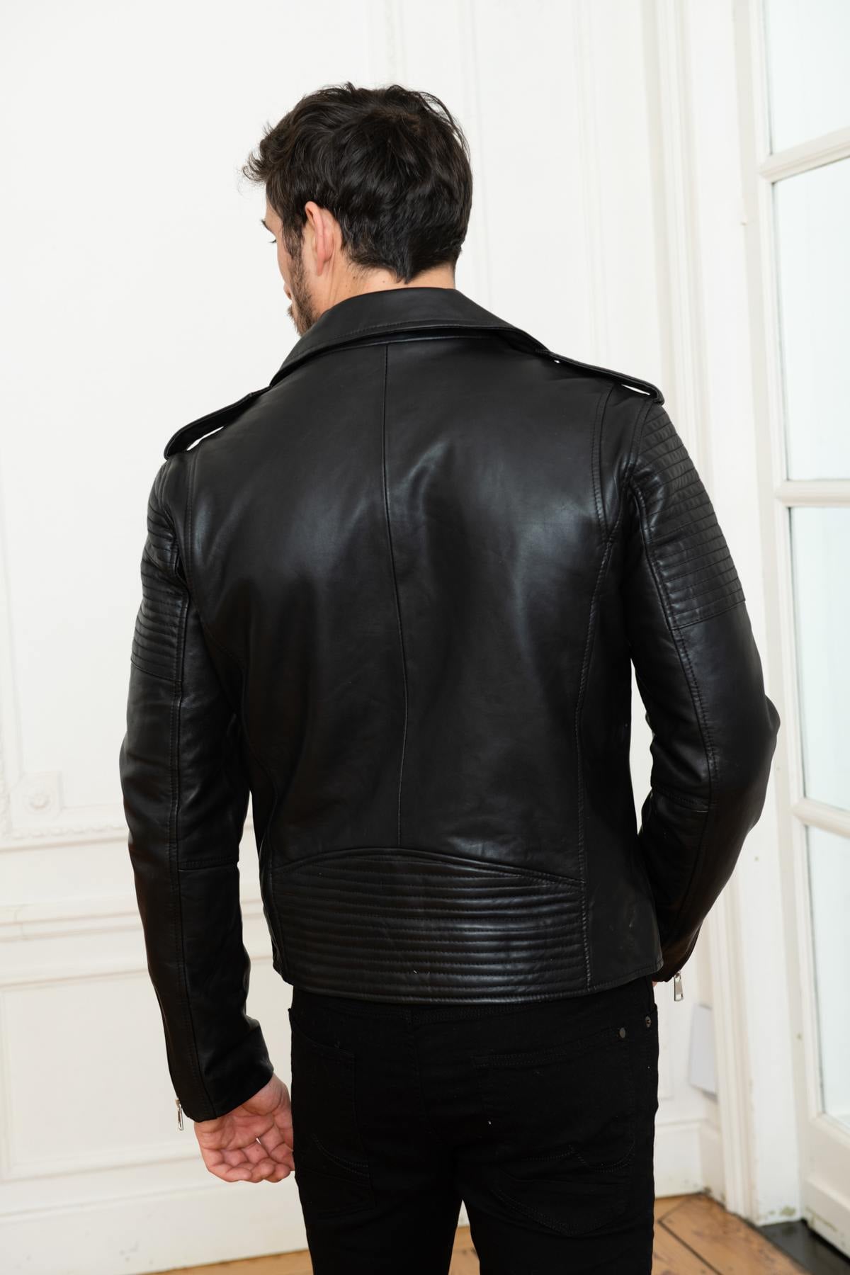 Black lambskin biker jacket by Redskins, slim-fit with a rock edge. - Image n°4