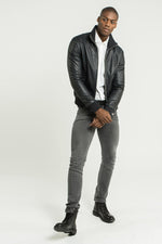 Blue leather jacket with ribbed edges - Image n°2