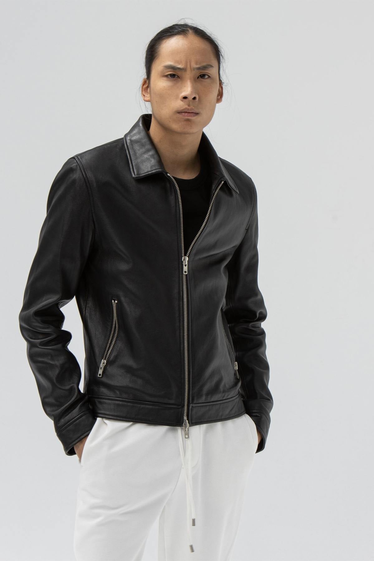 Black leather jacket with shirt collar - Image n°9