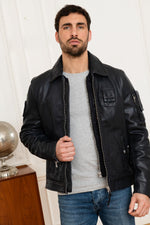 French aviator-inspired navy sheepskin jacket with a patinated finish. - Image n°4