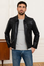 Dark blue leather shirt collar jacket - Image n°1
