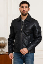 French aviator-inspired navy sheepskin jacket with a patinated finish. - Image n°10