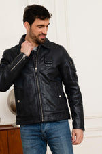 French aviator-inspired navy sheepskin jacket with a patinated finish. - Image n°5