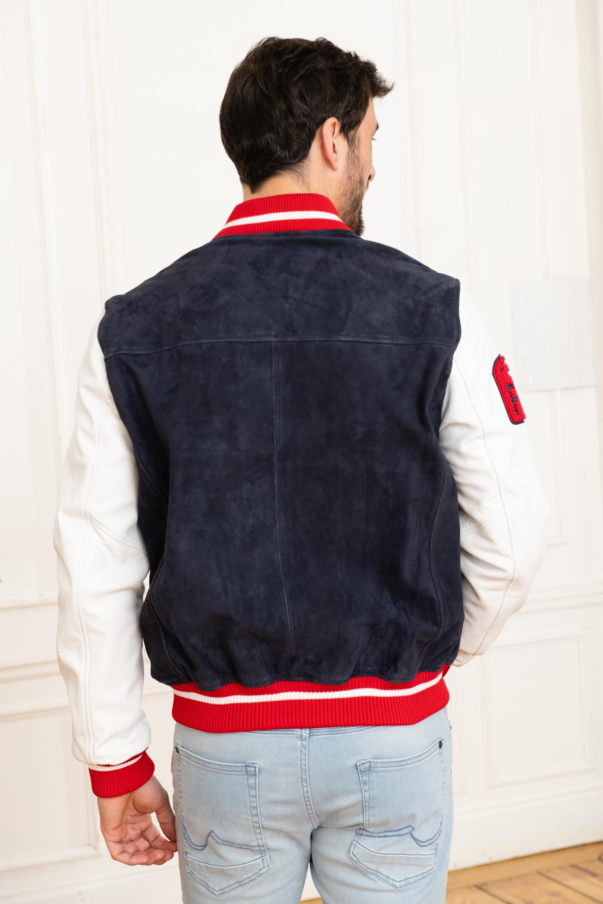 Navy-white Redskins teddy jacket blending goat and lambskin leathers. - Image n°5