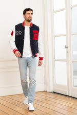 Navy-white Redskins teddy jacket blending goat and lambskin leathers. - Image n°2