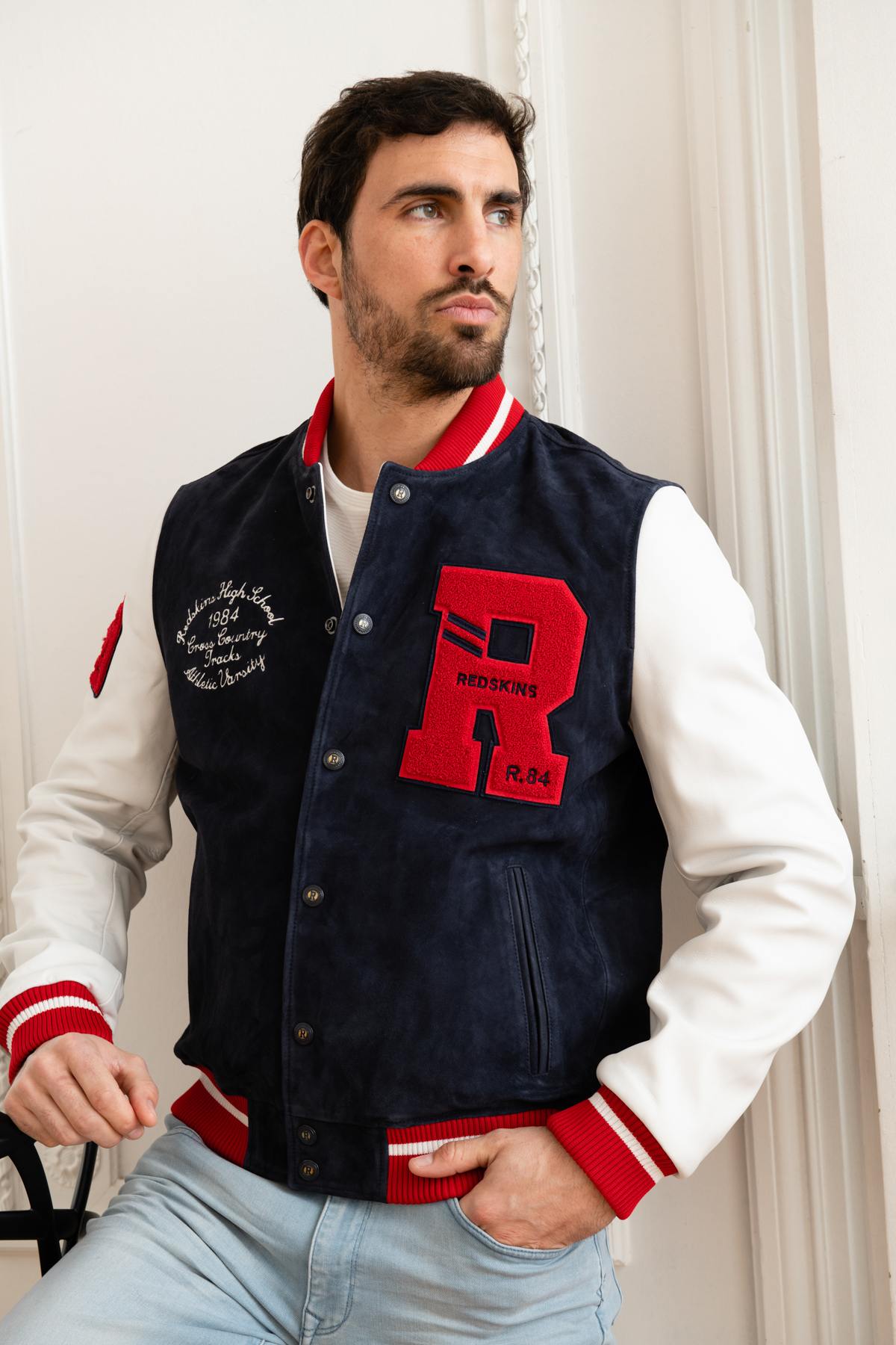 Navy-white Redskins teddy jacket blending goat and lambskin leathers. - Image n°1