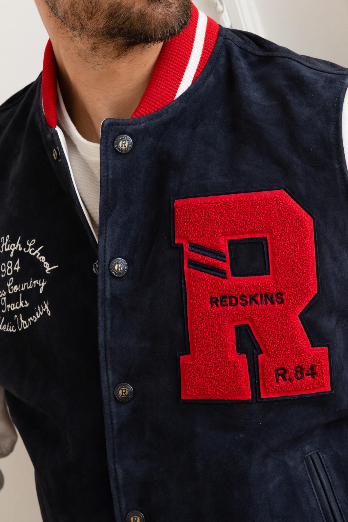 Navy-white Redskins teddy jacket blending goat and lambskin leathers. - Image n°4