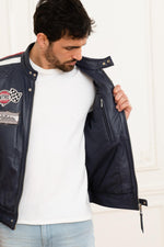 Navy blue leather motorsport jacket - Image n°4
