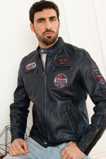 Dark blue motorsport leather jacket - Image n°3