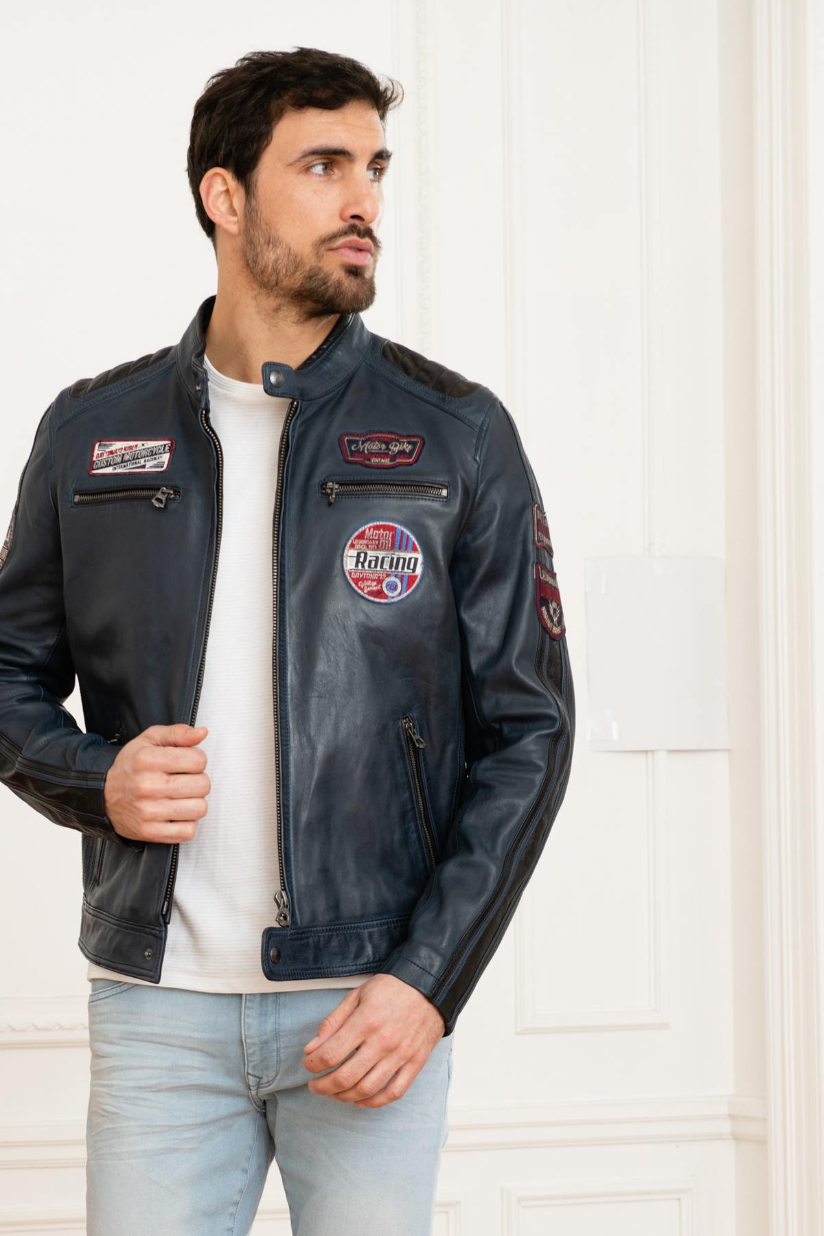 Dark blue motorsport leather jacket - Image n°6