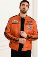 Orange genuine leather racing jacket - Image n°3
