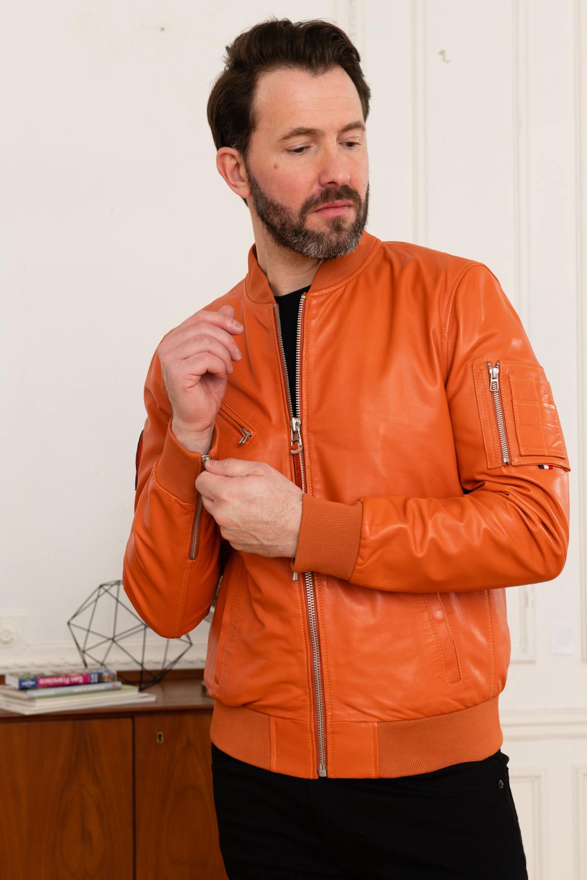 Redskins' Patrouille de France bomber in vivid orange lambskin. - Image n°1