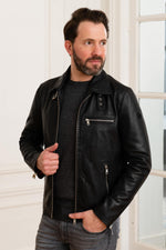 Glossy lambskin biker jacket with adjustable fit for timeless edge. - Image n°3