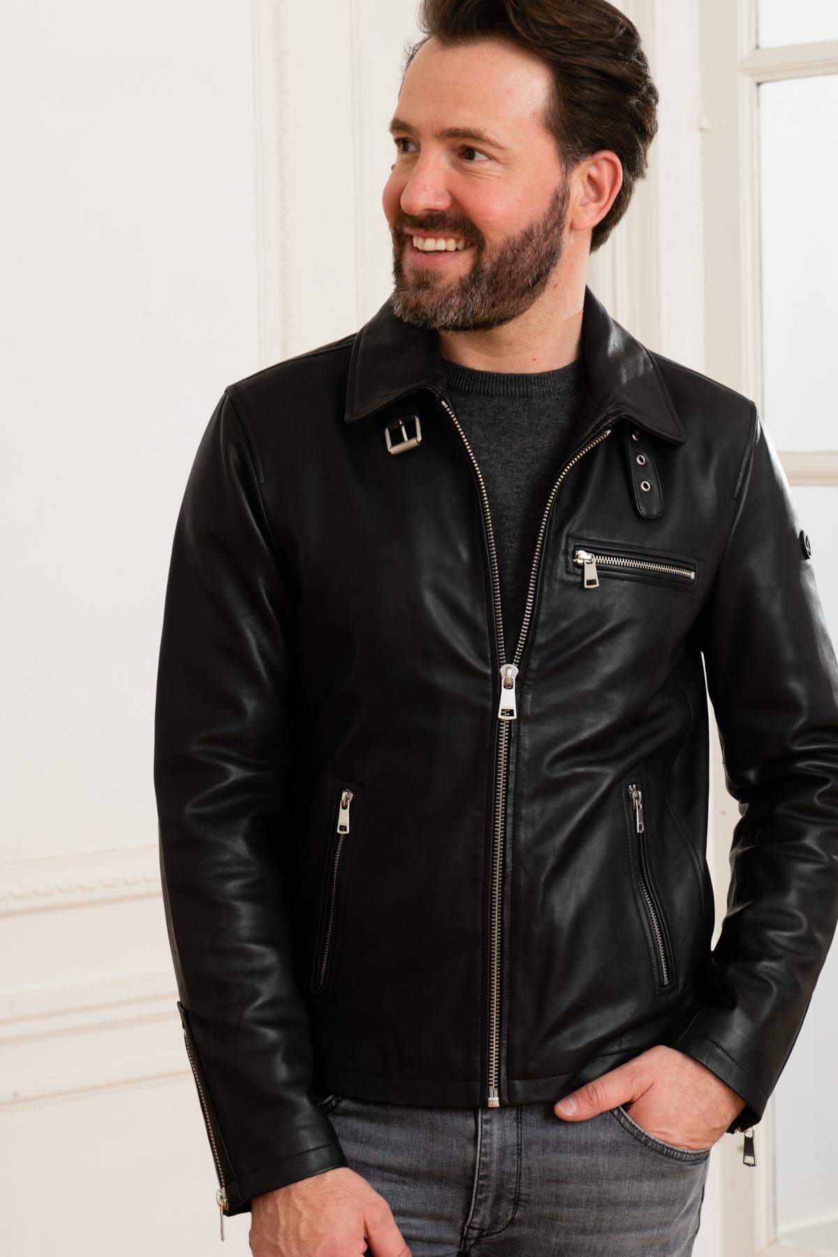 Glossy lambskin biker jacket with adjustable fit for timeless edge. - Image n°6