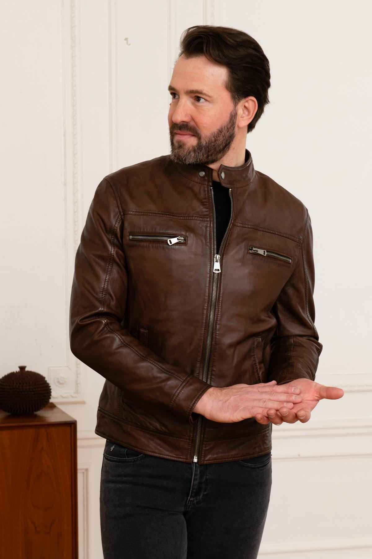 Mocha sheepskin jacket, iridescent and lightweight for mid-season. - Image n°7
