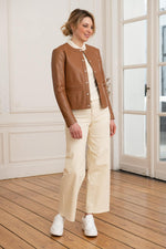 Slim cognac lambskin jacket with Mao collar and press-stud fastening. - Image n°6