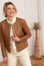 Slim cognac lambskin jacket with Mao collar and press-stud fastening. - Image n°7