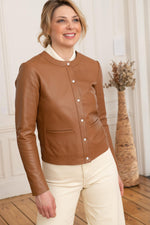 Slim cognac lambskin jacket with Mao collar and press-stud fastening. - Image n°8