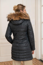 Women's long down jacket in navy blue leather - Image n°6
