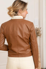 Slim cognac lambskin jacket with Mao collar and press-stud fastening. - Image n°5