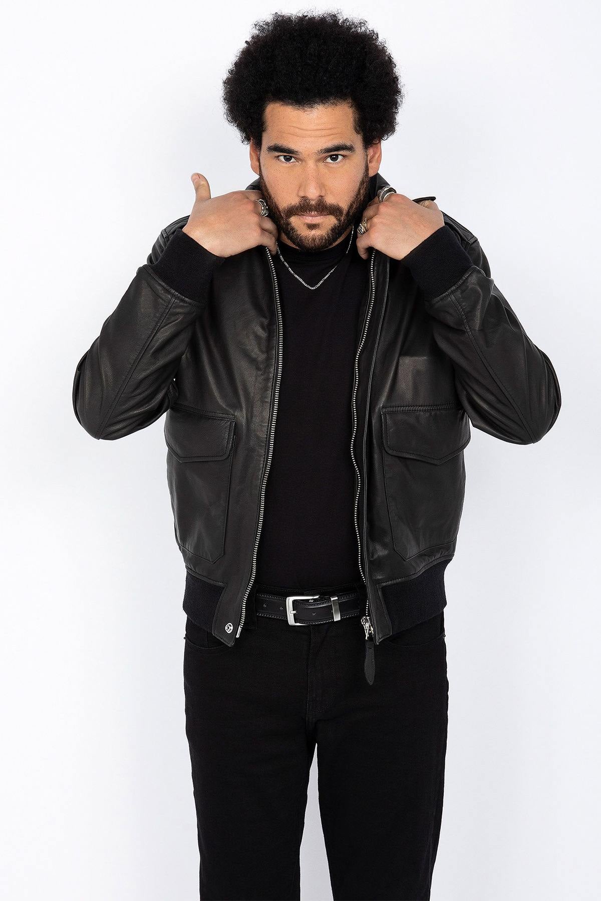 Schott NYC's black goat leather A-2 jacket: a timeless aviator icon. - Image n°3