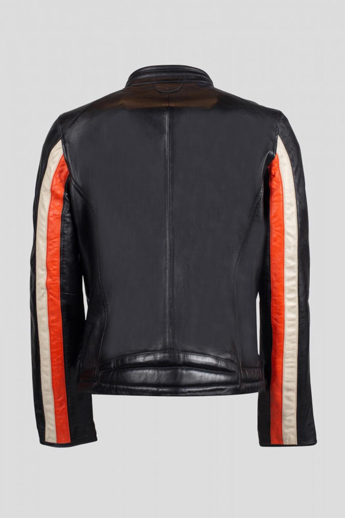 Redskins' black sheepskin jacket with bold orange and white stripes. - Image n°11