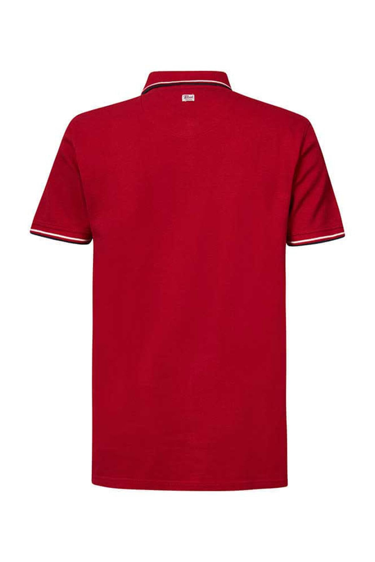 Red polo shirt with striped sleeves and collar - Image n°6