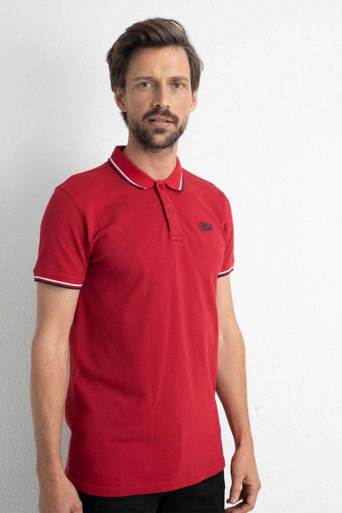 Red polo shirt with striped sleeves and collar - Image n°1