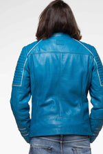 Regular-fit blue biker jacket in sheep leather with quilted accents. - Image n°8