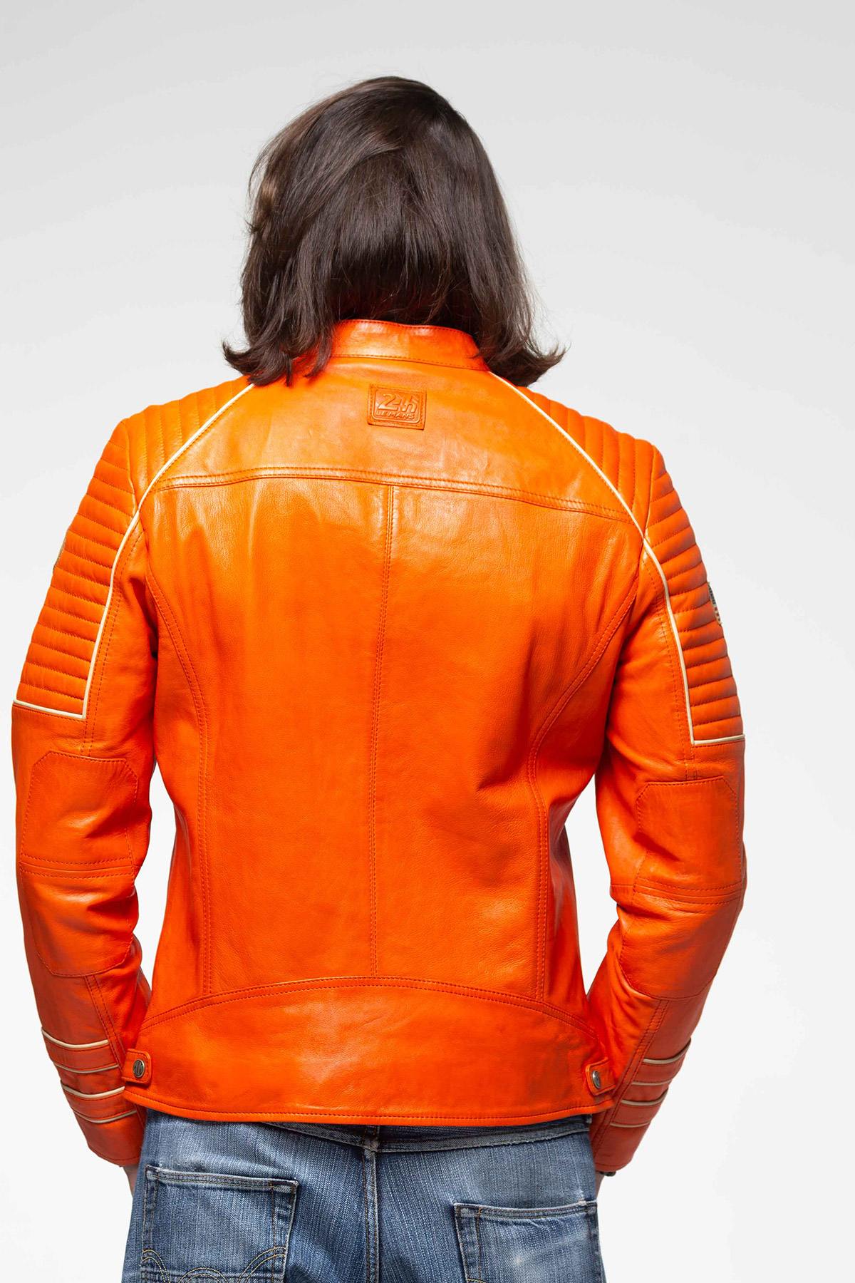 Orange sheepskin leather jacket with quilted shoulders: pure racing style. - Image n°8