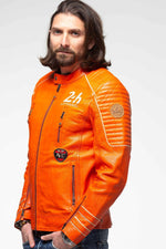 Orange sheepskin leather jacket with quilted shoulders: pure racing style. - Image n°9