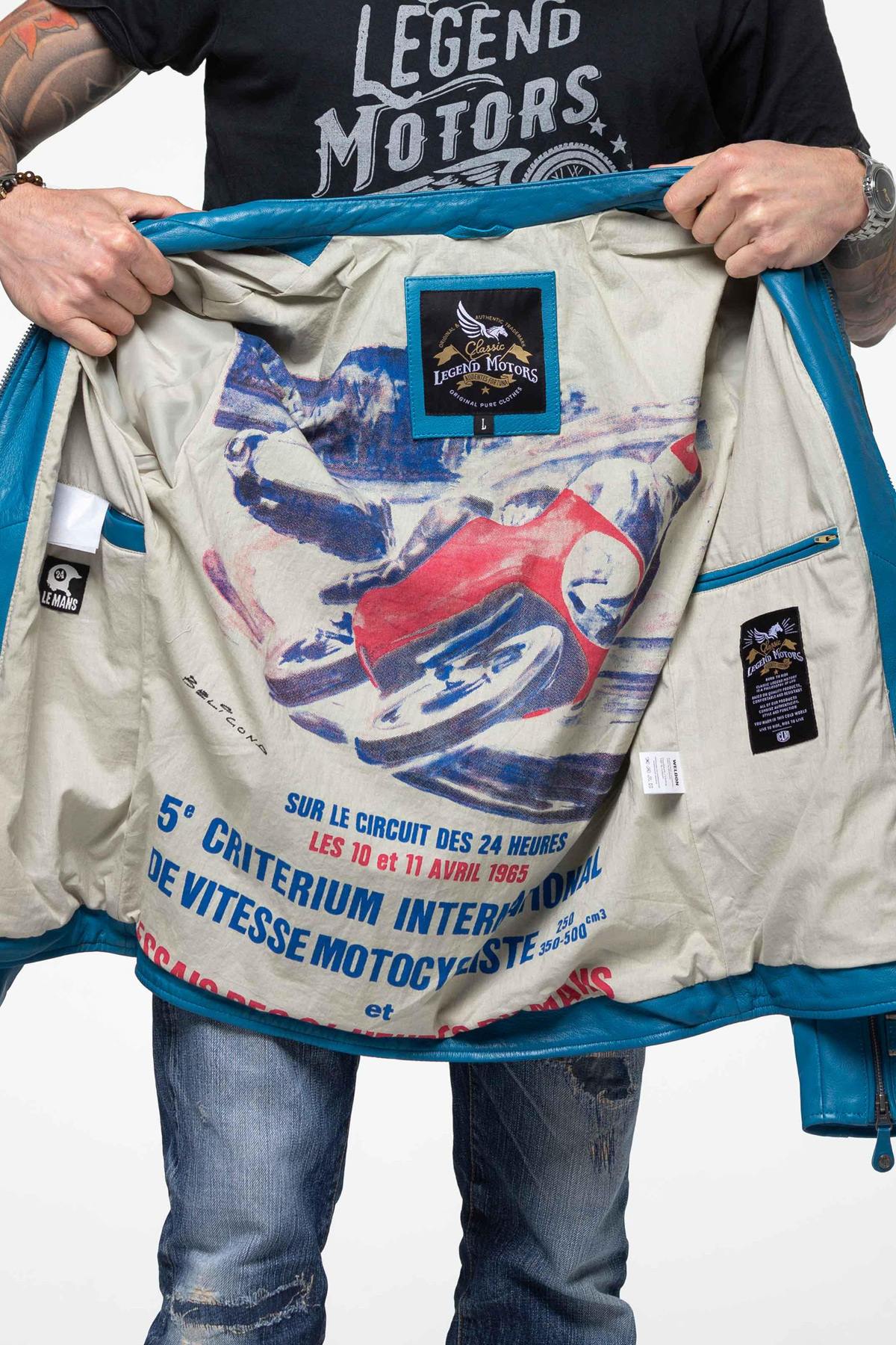 Regular-fit blue biker jacket in sheep leather with quilted accents. - Image n°2
