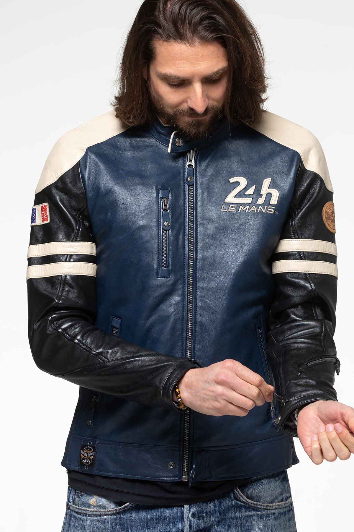 Sheep leather jacket in royal blue with striking colour contrasts. - Image n°2
