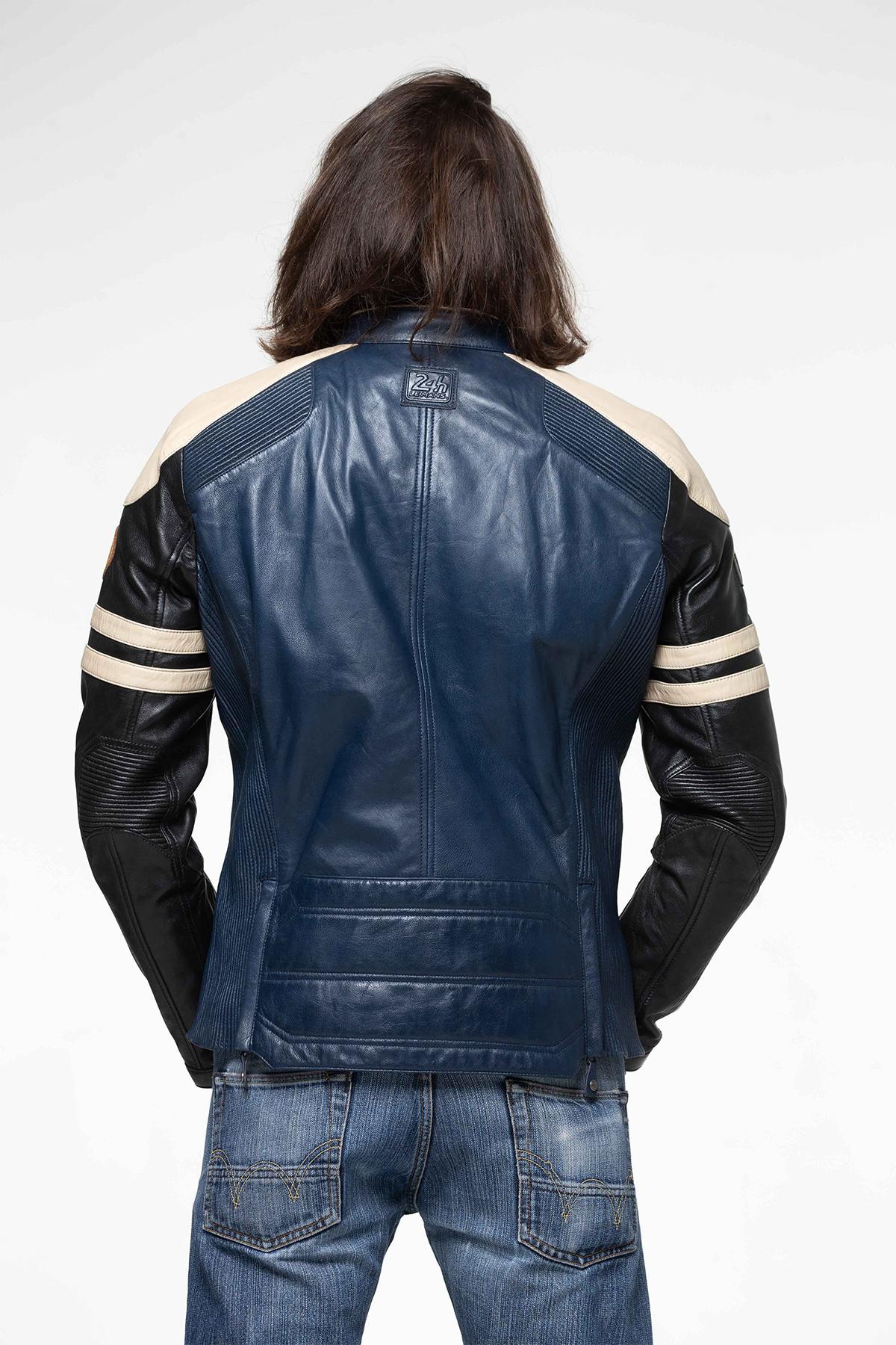 Sheep leather jacket in royal blue with striking colour contrasts. - Image n°4