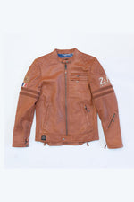 Cognac sheep leather jacket: motard collar, biker details, regular fit. - Image n°6