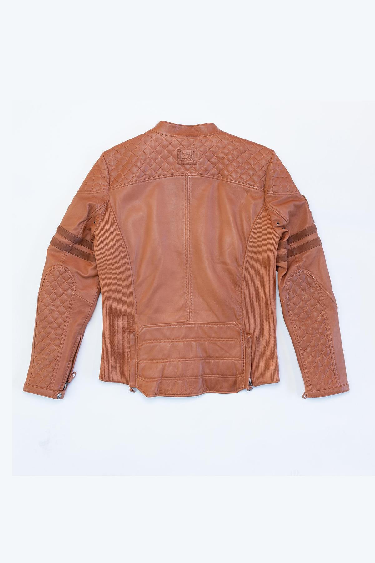 Cognac sheep leather jacket: motard collar, biker details, regular fit. - Image n°8