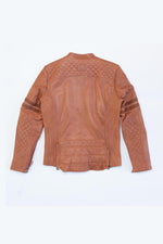 Cognac sheep leather jacket: motard collar, biker details, regular fit. - Image n°8