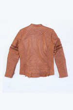 Cognac sheep leather jacket: motard collar, biker details, regular fit. - Image n°8