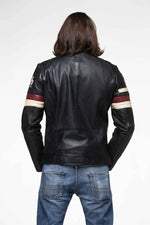 Black leather jacket with racing-style stripes - Image n°8