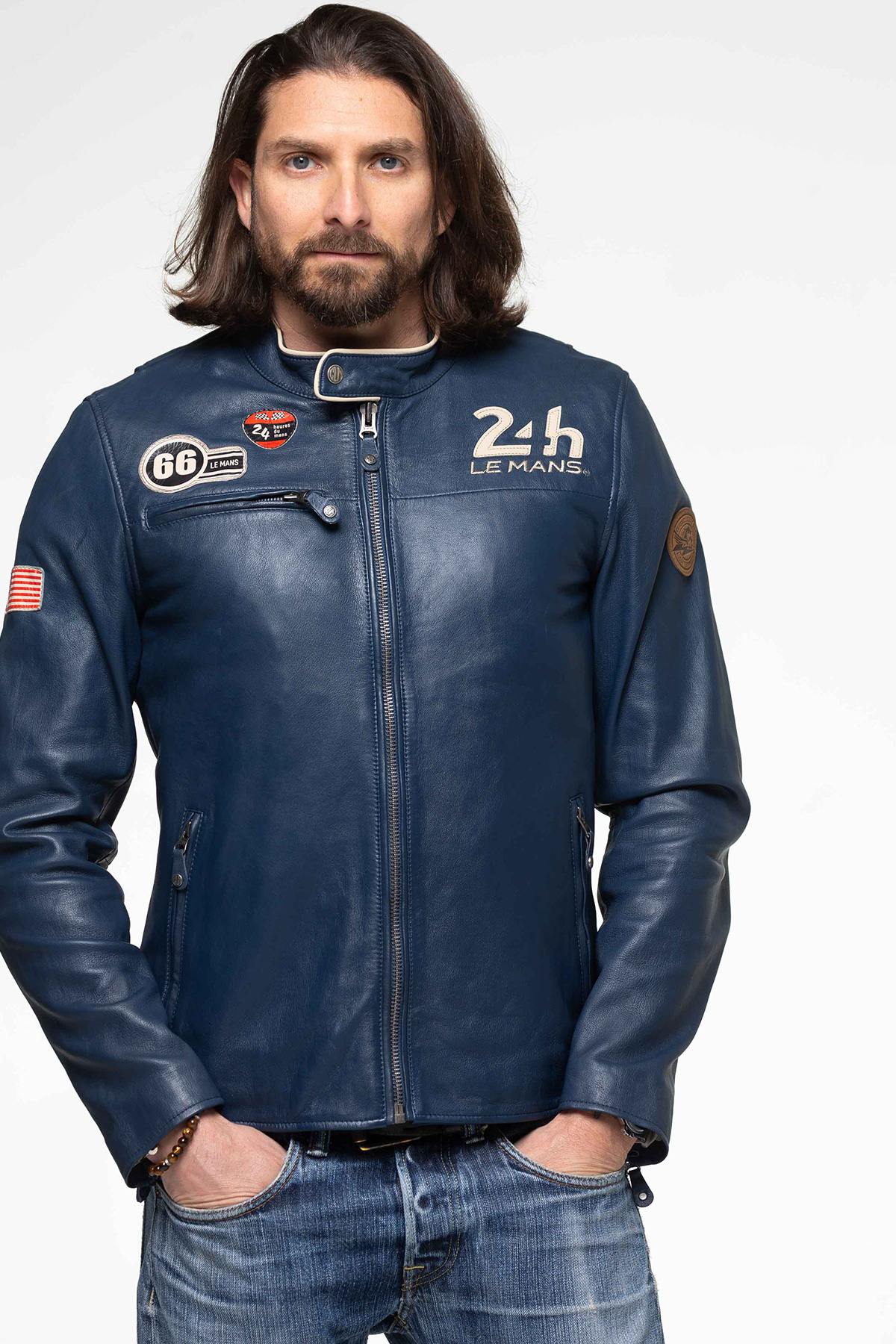 Glossy royal blue sheep leather jacket with contrast collar. - Image n°7