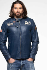 Glossy royal blue sheep leather jacket with contrast collar. - Image n°7