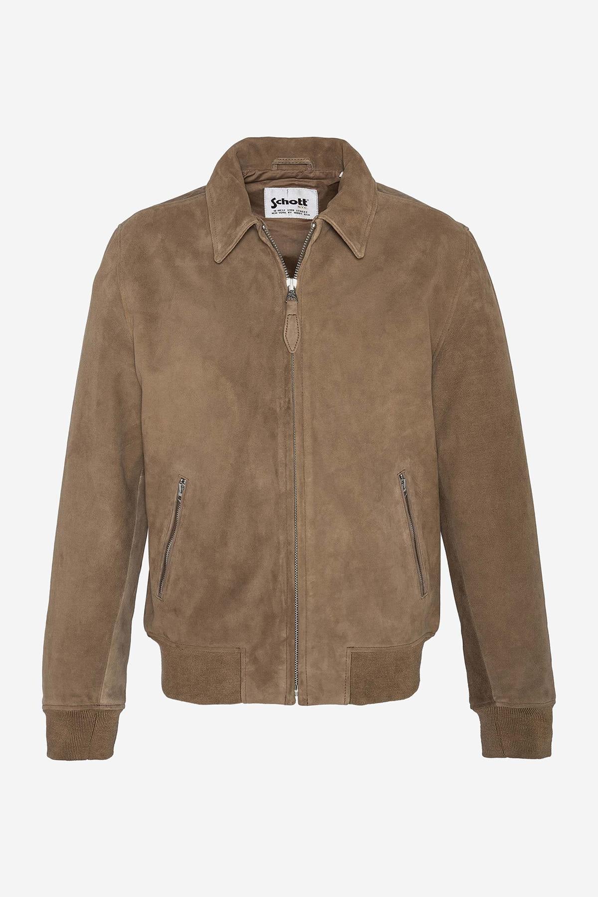 Aged goat suede defines Schott's dark beige take on the classic A2. - Image n°1