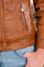 Marbled cognac sheepskin jacket with a Mao collar and slim fit. - Image n°11
