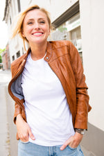 Marbled cognac sheepskin jacket with a Mao collar and slim fit. - Image n°1